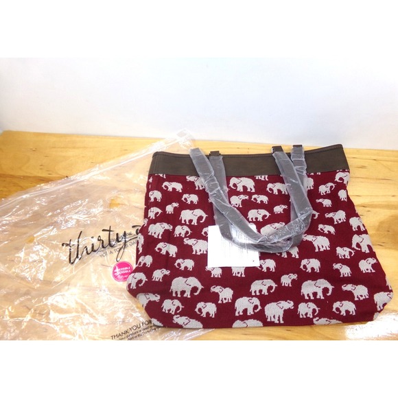 thirty-one Handbags - Thirty One Reversible Tote Safari Weave Elephants Maroon / Burgandy‎ NWT